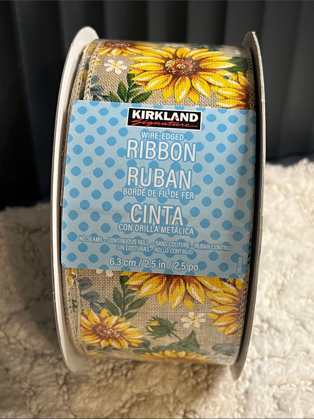 Kirkland Wired Ribbon Sunflower Daisy White Green Yellow Tan 50 Yd x 2.5”